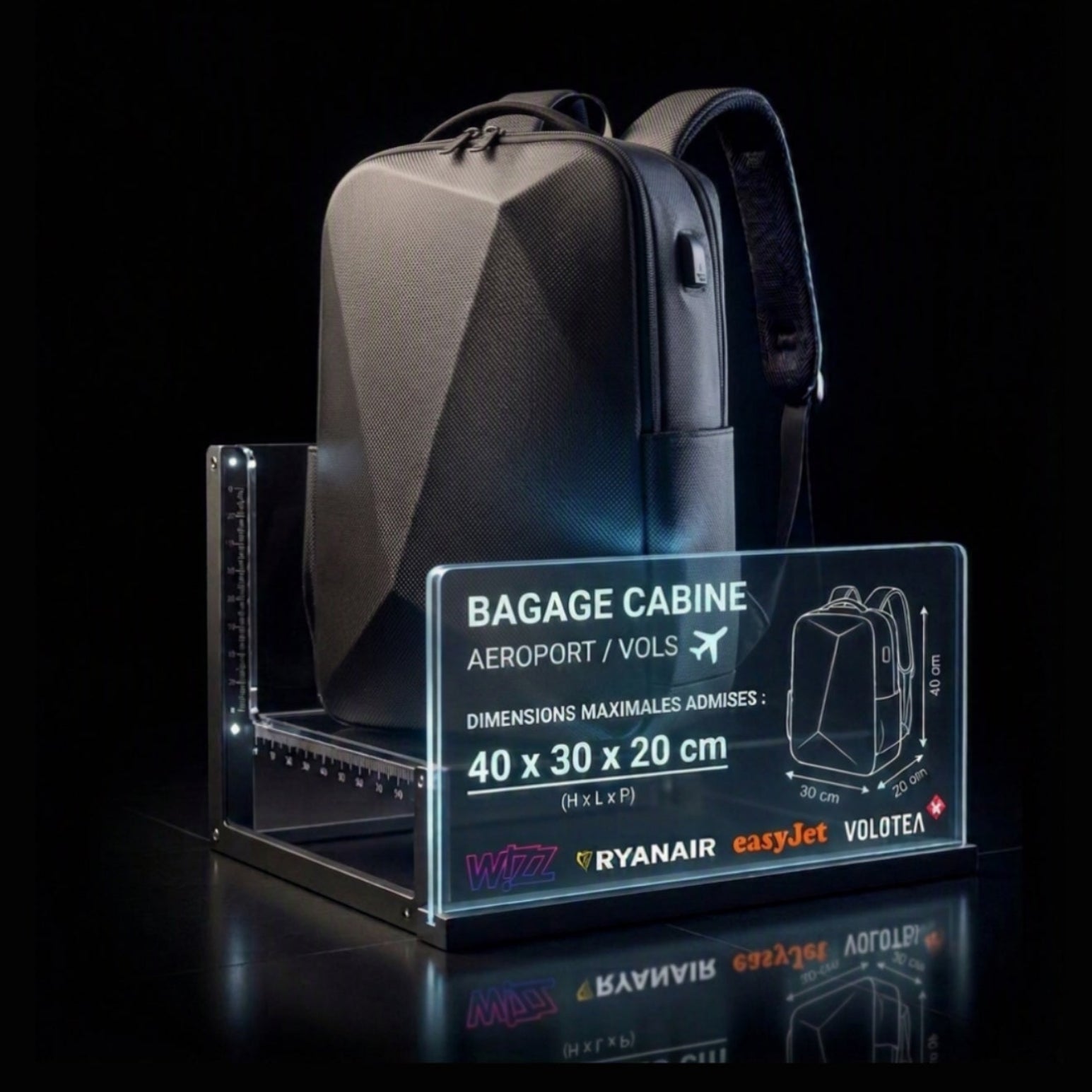 Infographie montrant les dimensions exactes 40x30x20 cm du sac de voyage conformes aux exigences Vueling et Ryanair..