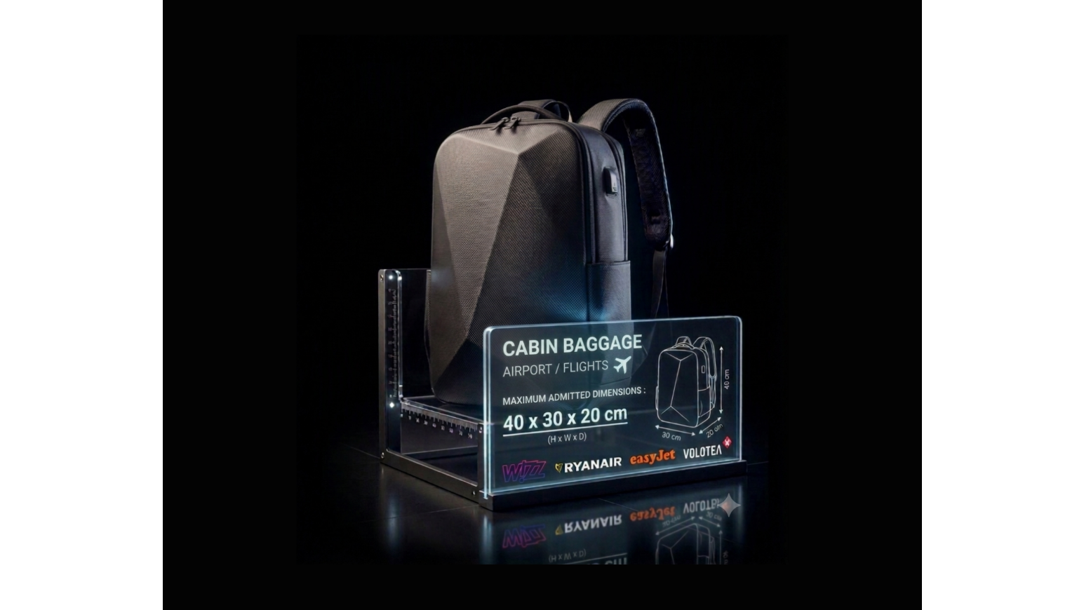 Infographic showing the exact 40x30x20 cm dimensions of the travel bag that comply with Vueling and Ryanair requirements.