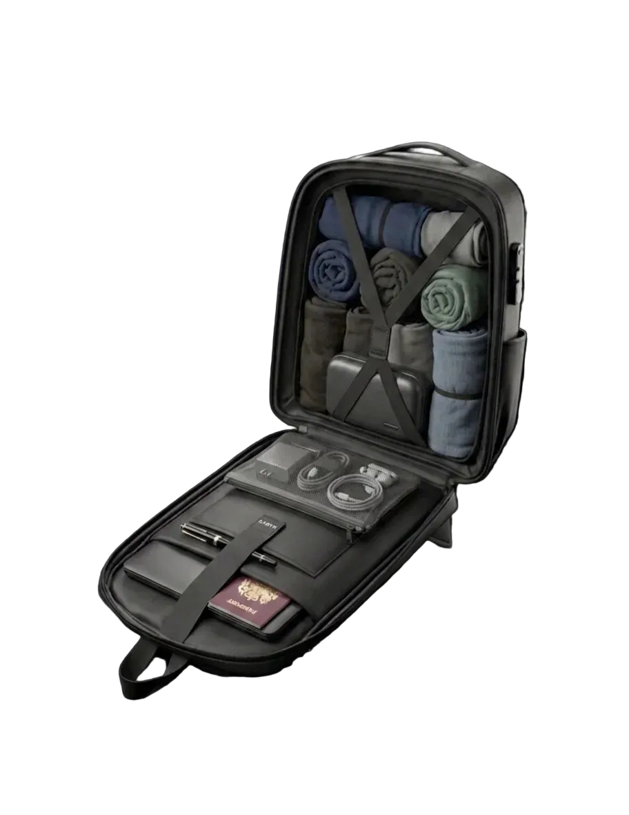image représentant le sac cabine KABYN rempli d'habit pour 7 jours ainsi que l'ordinateur + chargeur